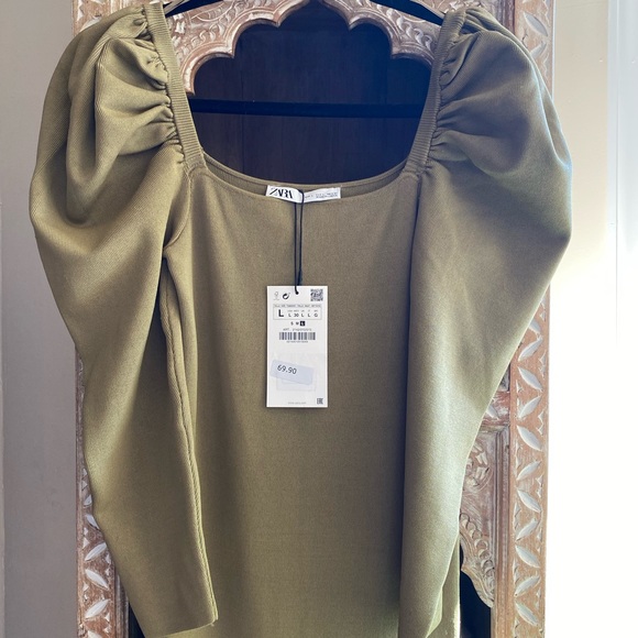 NWT Zara Bandage Puffy Sleeved Dress Olive Green Size Large - Picture 7 of 13